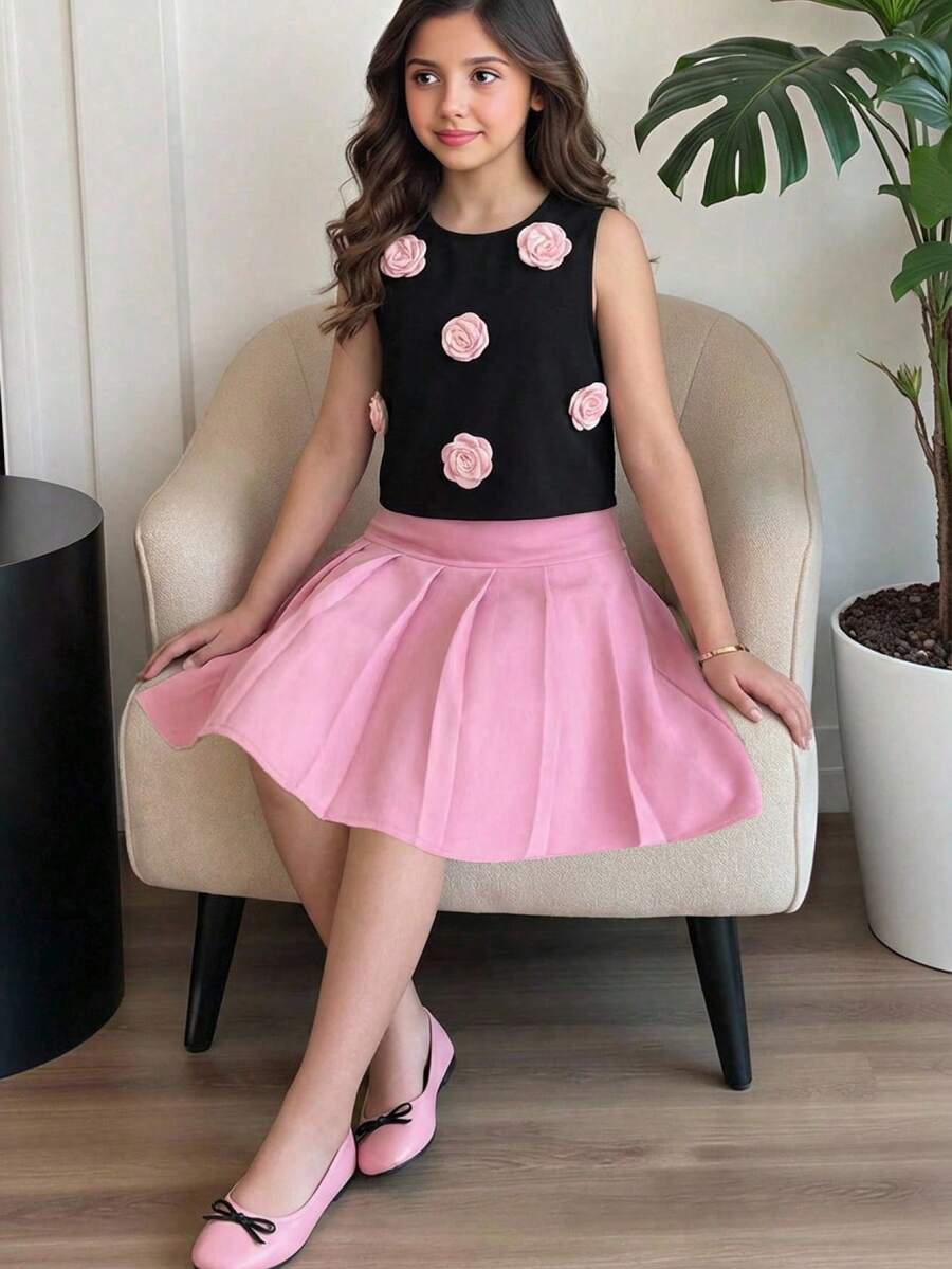 Tween Girls Solid Sleeveless Top With Cute 3D Floral Decor And Pleated Skirt 2-Piece Set, Fashionable French Elegant Outfit, Ladylike Style, Back To School, Suitable For Graduation Dance, Birthday Party,Kids - Pink - View 1