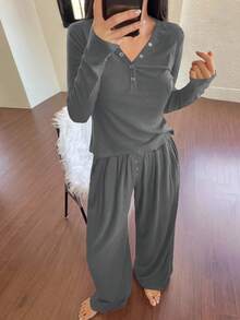 DAZY 2pcs Women Casual Knit Cardigan Top And Loose Pajama Pants Set, Comfortable Spring Loungewear - Dark Grey - View 3