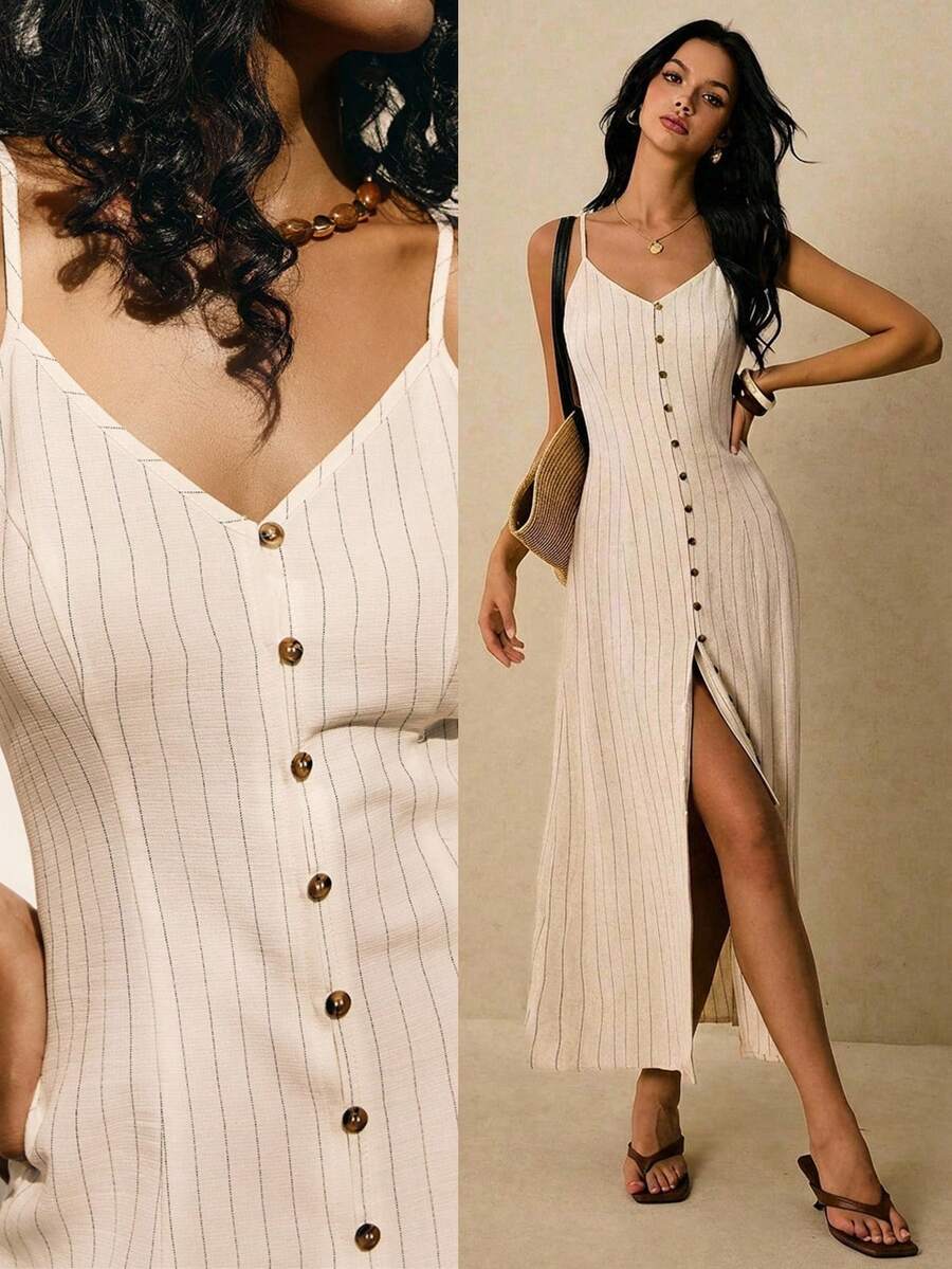 Poéselle Đầm midi không tay dáng suông kẻ sọc cài cúc dành cho nữ, thích hợp cho kỳ nghỉ.