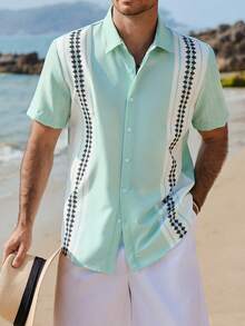 VENTUSAIL Áo sơ mi nam tay ngắn in họa tiết thực vật kẻ sọc, kiểu dáng thường ngày, thích hợp cho kỳ nghỉ và đi làm mùa hè. - màu xanh lá - Xem 7