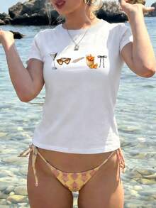 Sundraya Women's Minimalist Printed Round Neck Short Sleeve Top - White - View 1