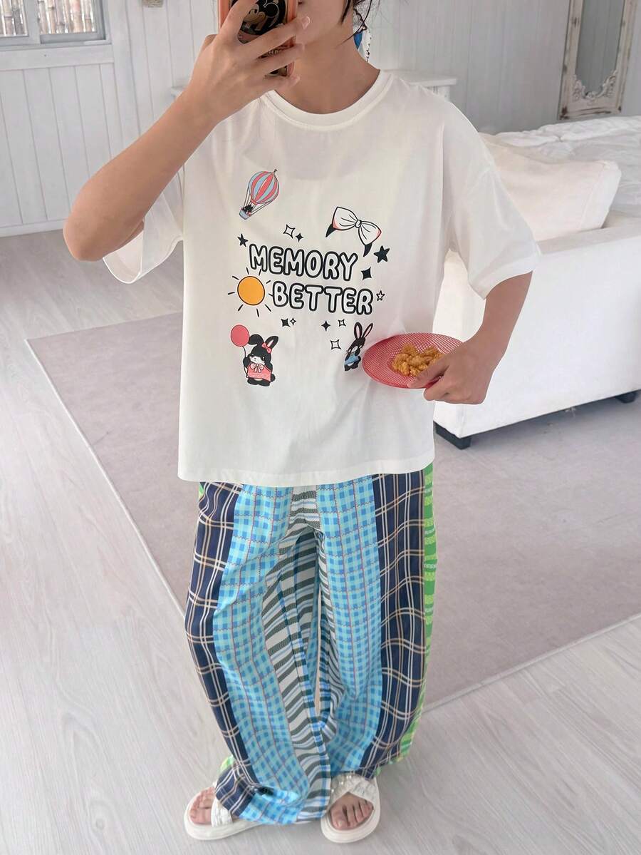 DAZY 少女圆领印花短袖T恤和格子裤家居服套装，秋夏季 - 彩色 - 查看 1