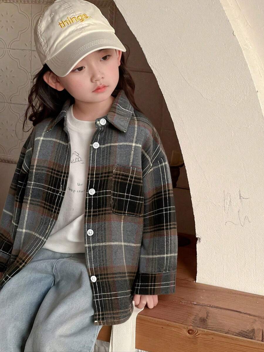 Hapijoa 少女夏季格子休闲韩版长袖清新甜美衬衫 - 灰色 - 查看 1
