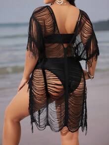 Swim Lushoire Saída de praia feminina plus size em tricô, cor sólida, decote em V, manga curta vazada, estilo boho, para férias na praia, sexy e ideal para o verão. - Preto - Ver 2