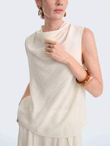 Aalyst Women's Linen Draped Neck Top And Skirt Casual 2 Pieces Set - Beige - View 5