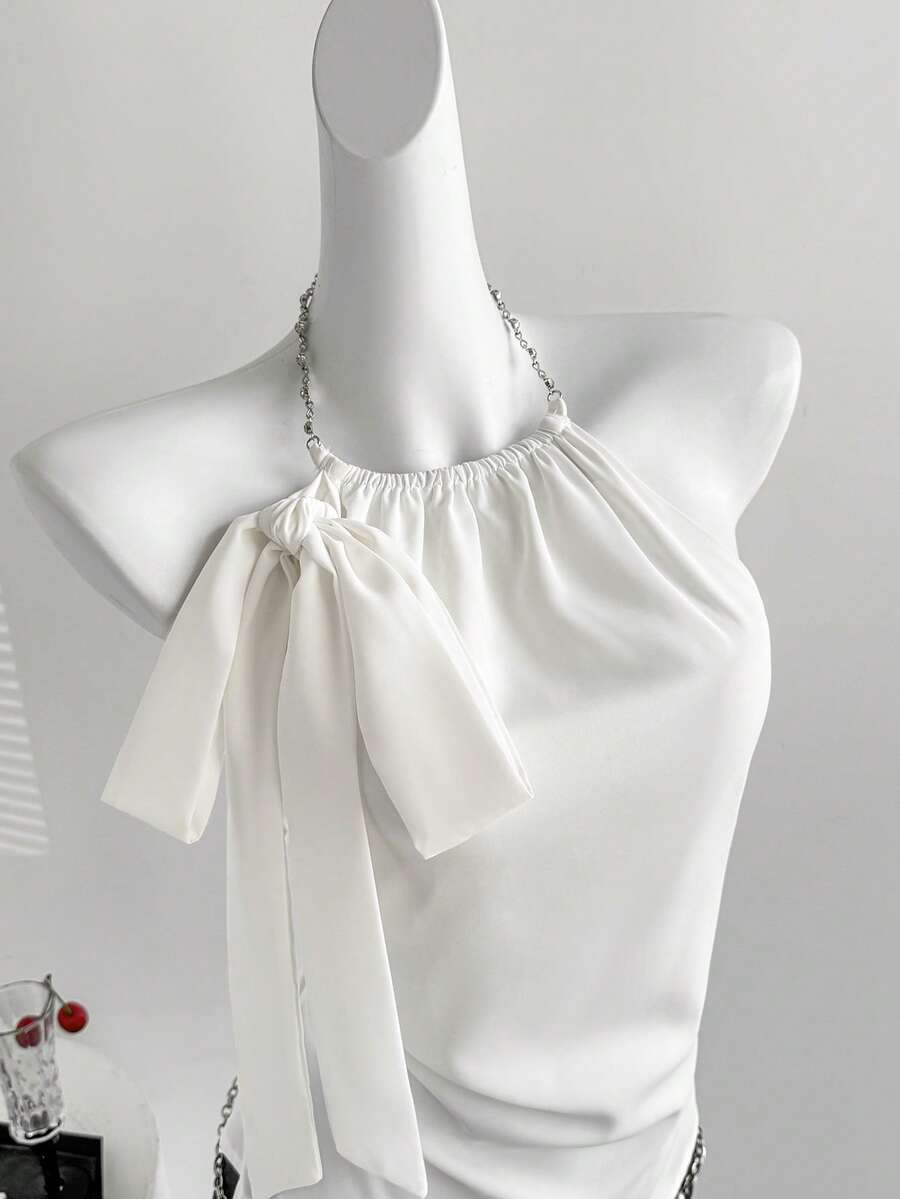 SHEIN Unity Women Elegant White Summer Party Night Bow Tie Collar Metal Chain Halter Backless Blouse Commuting Versatile Sleeveless Top - White - View 1