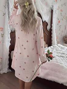 CottageSlumber 翻领条纹爱心印花可爱长袖女式睡衣 - 彩色 - 查看 2