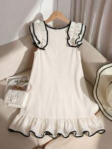 SHEIN Tween Girls' Summer Elegant Color Block Ruffle Hem Dress - Apricot - View 2