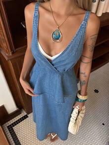 DAZY Vestido de peto casual de mujer de mezclilla con tirantes con volantes - Azul lavado medio - Ver 3