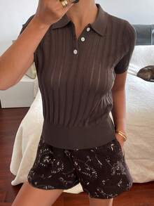 DAZY 女士夏季翻领短袖纹理薄纱面料休闲优雅套头针织衫 - 咖啡棕 - 查看 2