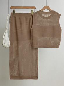 Franclia 女士夏季度假休闲镂空针织背心和裙子两件套 - 駝色 - 查看 2