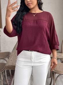 Breezaya Áo sơ mi cỡ lớn cổ tròn thanh lịch, chất liệu vải dệt jacquard chắp vá, dáng rộng, có họa tiết. - Màu Đỏ Sâu - Xem 5
