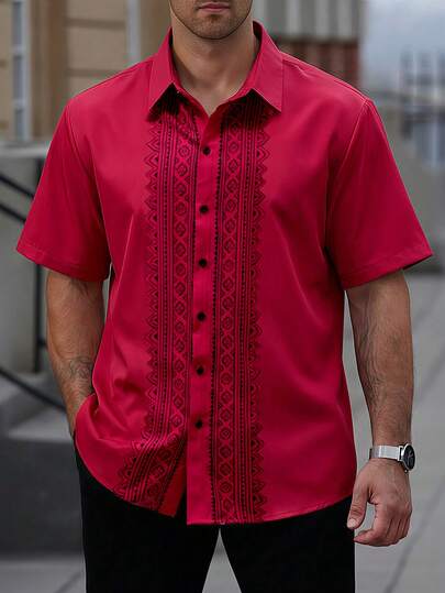Manfinity Homme Camisa casual de manga corta con botones delanteros y estampado gráfico para hombres de talla grande