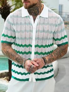 Manfinity RSRT 男士条纹短袖前开襟休闲镂空针织上衣 - 白色 - 查看 7