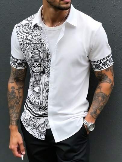 EGENSIO Men's Turndown Collar Floral Print Button Front Short Sleeve Shirt