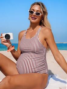 Swim Vcay 孕妇条纹印花连体泳衣，适合海滩度假 - 彩色 - 查看 3