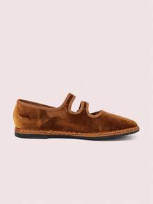 CUCCOO DOLLMOD Sepatu Wanita Klasik Cokelat dan Kuning Garis Ganda Beludru Model Datar - Coklat - View 10