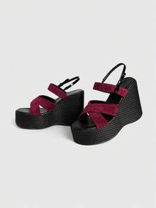 Sugerpunk Damen Sandalen mit dicker Sohle, offene Zehenplattform Keilabsätze, Modeschuhe - Bordeaux - Übersicht 8