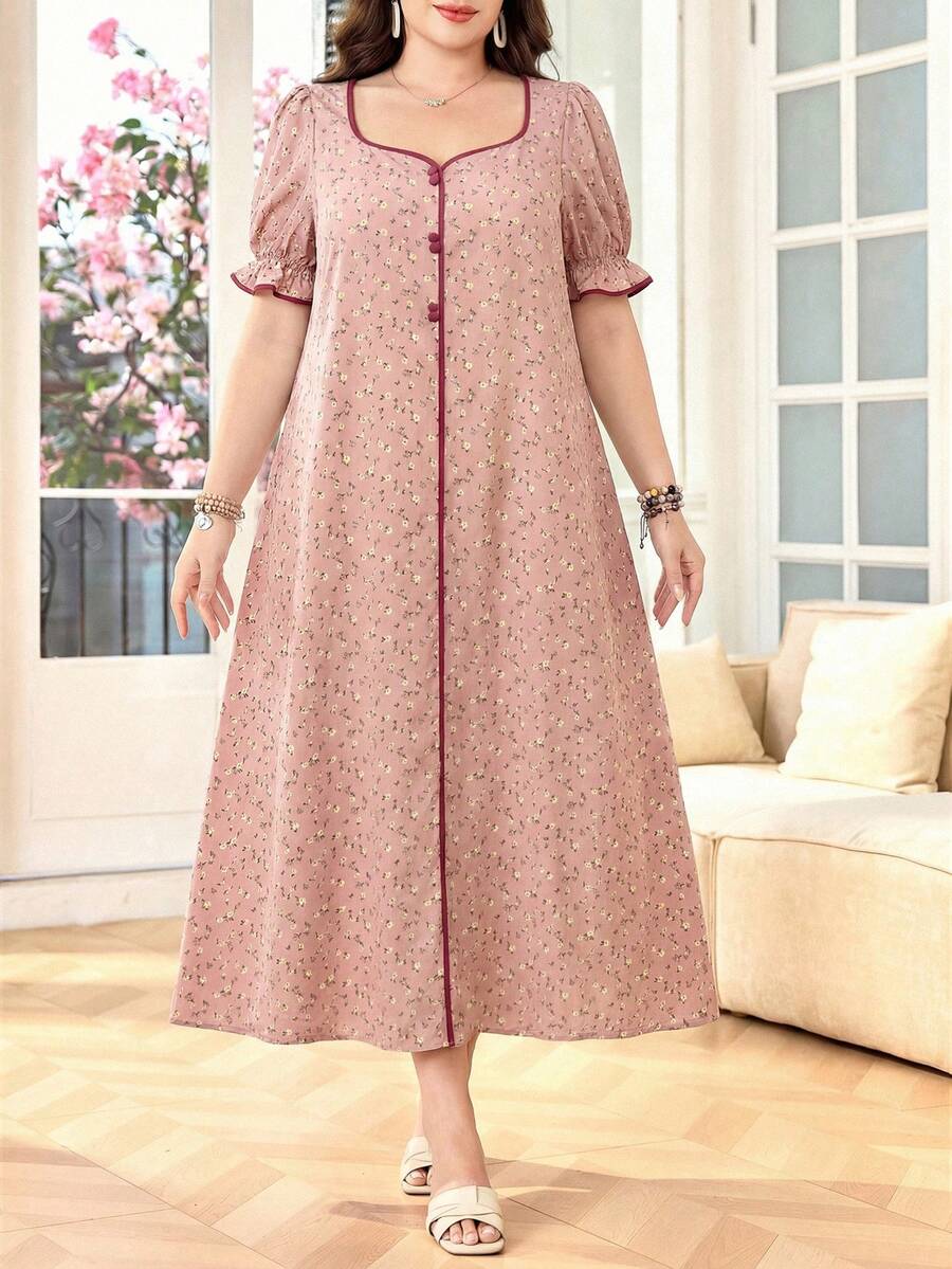 Lacomfia 女士方领花瓣袖宽松舒适浪漫碎花大码连衣裙 - 彩色 - 查看 1