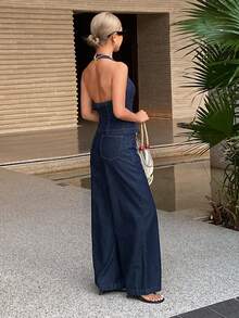 DAZY Women's V-Neck Sleeveless Denim Vest And Loose Straight Leg Denim Pants Casual Elegant Denim Suit - Dark Wash - View 4