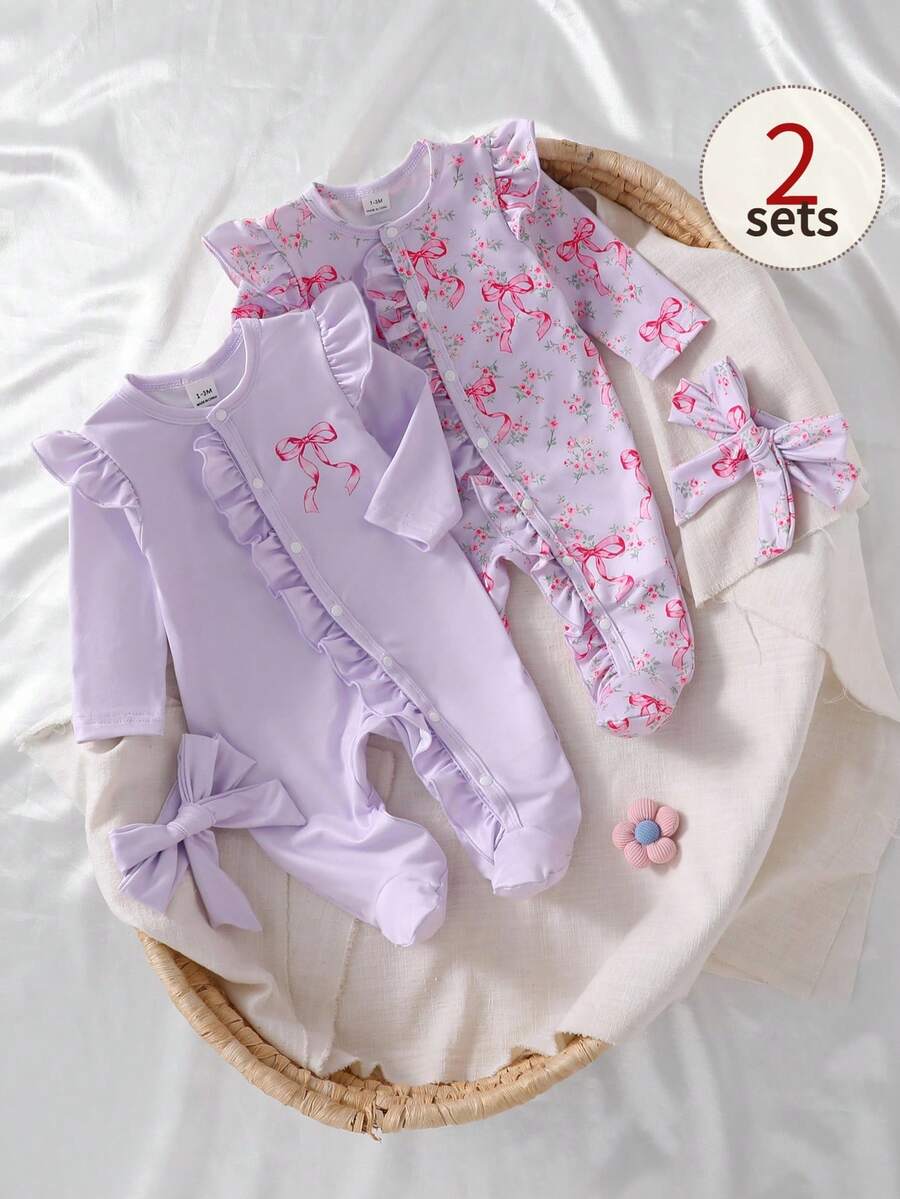 Newborn Pastoral Delicate Style Light Pink Bow Floral Ruffle Collar Long Sleeve Footie Pants Headband Set, Multi-Piece Outfit - Mauve Purple - View 1