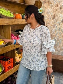 Breezaya Plus Size Women's Round Neck Ruffle Sleeve Bow Decor Textured Ditsy Floral Casual Vacation Shirt, Spring/Summer - Multicolor - View 4