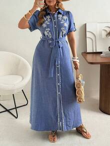 Ceyna Plus Size Embroidered Denim Effect Shirt Dress,Women Elegant Summer Blue And White Flower Chambray Maxi Dress For Vacation,Holiday Short Sleeve Fall - Blue - View 5