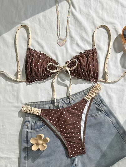 Swim Mod Women's Vintage Polka Dot Print Patchwork Swimwear, Retro Ruffled Halter Bikini Set With Drawstring Waist, Fashionable Casual Beach Vacation Sexy Sweet Cute