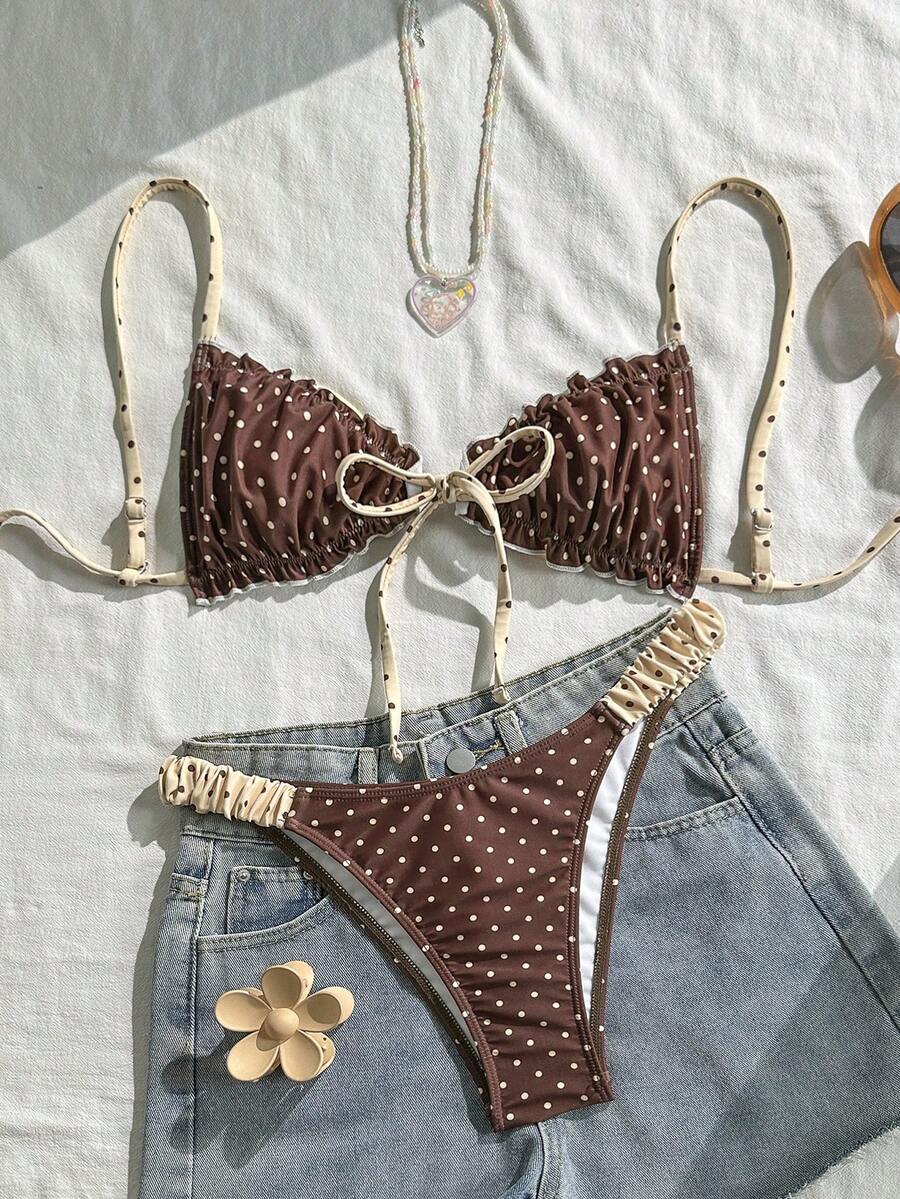 Swim Mod 女士复古波点印花拼接泳装，复古荷叶边挂脖比基尼套装，抽绳腰带，时尚休闲沙滩度假性感甜美可爱 - 彩色 - 查看 1
