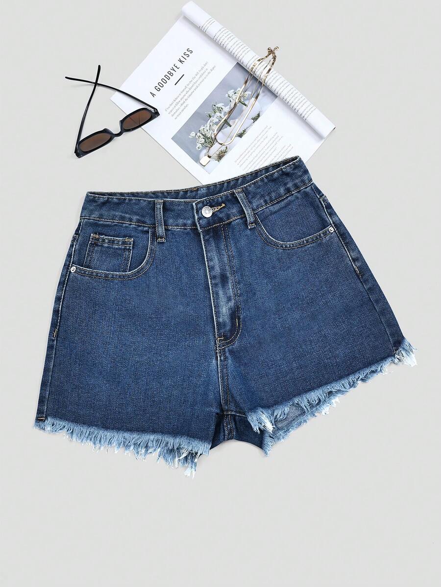 GlowEve Quần short denim nữ kiểu dáng thường ngày, có túi và cài nút, đa năng cho trang phục hàng ngày. - Rửa trung bình - Xem 1