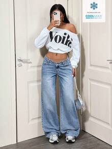 SHEIN Tall Quần jeans nữ cạp thấp, kiểu dáng ICON, phiên bản dài, gợi cảm, ống đứng. - Màu xanh lam - Xem 7