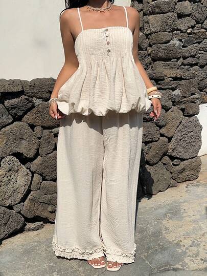 Sunnyshic 大码休闲度假碎花吊带背心和宽松长裤两件套