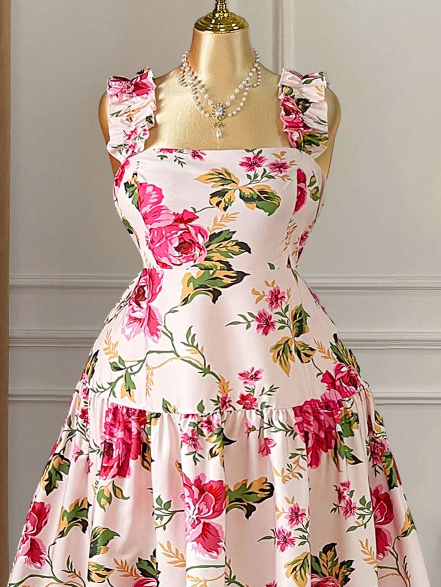 Rometta Đầm maxi cỡ lớn cổ vuông, dây mảnh, viền bèo nhún, eo thấp, dáng chữ A ôm sát, thích hợp cho kỳ nghỉ xuân/hè, kiểu Pháp thanh lịch, in họa tiết nhuộm tie-dye. - Nhiều màu - Xem 1