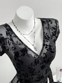 Elamini 女士蓝色植绒不对称V领短袖T恤衫，蕾丝上衣，优雅高贵，正式场合批发服装，女士特殊场合正式服装 - 黑色 - 查看 5
