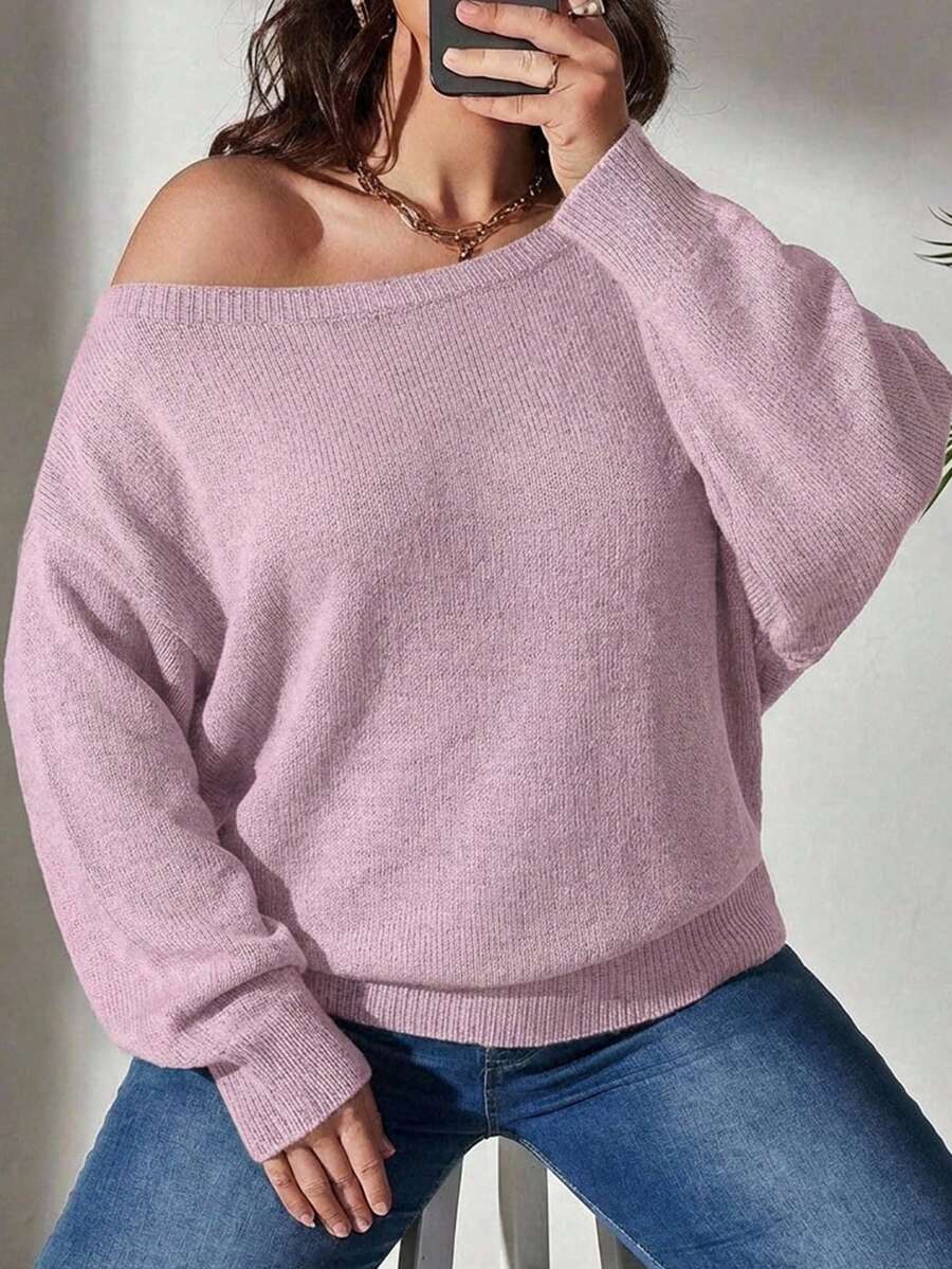 SHEIN Cottnline كنزة صوفية بكتف مكشوف بلون وردي فاتح، ملابس منزلية رسمية وكاجوال بديلة للخريف، مقاس كبير