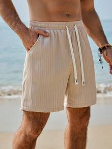 VENTUSAIL Men's Solid Color Minimalist Casual Crinkle Shorts Men Shorts Vacation Beach Clothes For Men White Cream - Beige - View 4
