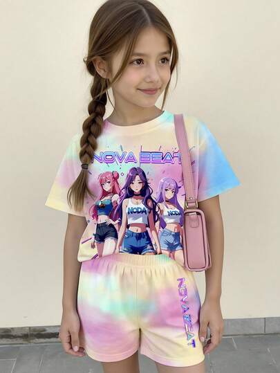 2pcs/Set Fashionable Casual Idol Girl Group Digital Print Short Sleeve T-Shirt And Shorts Set, Suitable For Girls, Spring/Summer