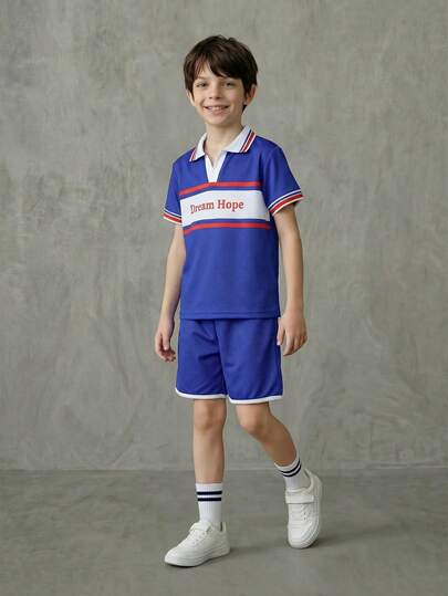 SHEIN Casuvi Kids Young BoyBlue, White & Red Striped Collar Sports 2-Piece Set, Waffle Texture Fabric, Polo Shirt With Contrast Trim And "Dream Hope" Print, Casual Shorts, Suitable For Sports, School, Weekend