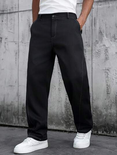 SLATEMANN Men's Straight Leg Pants, Black With White Line Design, Suitable For Boyfriend/Husband Gift, Streetwear, Everyday Wear, Date Outfit, Y2K Style,Men Old Money,Daily Leisure, Weekend Trips, Outdoor Activities, Travel Expeditions, Relaxed Work Environments Or Semi-Formal Occasions, Boyfriend/Husband Gift, Anniversary /Birthday Gift Party Summer Vacation Holiday,Wedding,Spring To Summer,Mardi Gras,Men's Fashion Black Trousers With White Stitching Loose Straight Leg Design,Black Slacks For Men,Pants For Men Straight Loose,Men Suit Baggy,Uniform School Pants