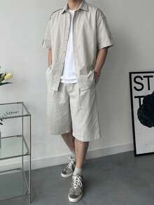 DAZY Herren Grau Kurzarm Hemd und Shorts Set, Sommer - Grau - Übersicht 4