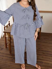 Lacomfia Random Floral Plaid Bow Decor 3/4 Sleeve Elegant Fashionable Blouse Paired With Straight Leg Pants, Slim Fit Sexy Plus Size Women 2 Piece Set - Blue and White - View 7
