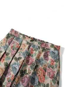 Modelyn 大码女式圆领仿珍珠装饰短袖上衣搭配印花百褶裙两件套，时尚百搭，适合度假和日常穿着 - 綠色 - 查看 5