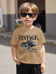 Vintage Racing Car Cartoon Print Casual Crew Neck Short Sleeve Top For Baby Boys, Suitable For Summer - Khaki - View 3