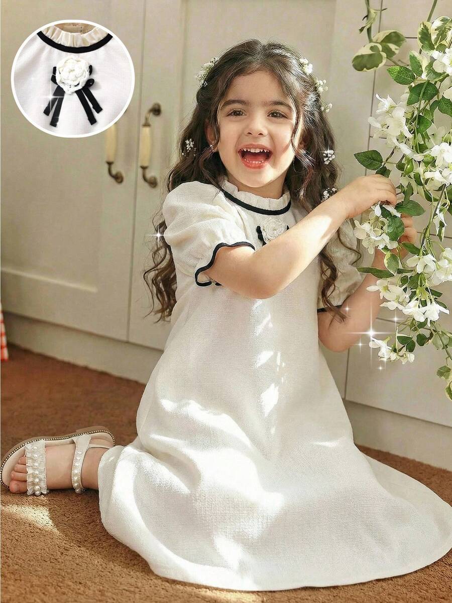 Đầm thanh lịch dáng rộng, cổ đứng, tay raglan cho bé gái - Màu be - Xem 1