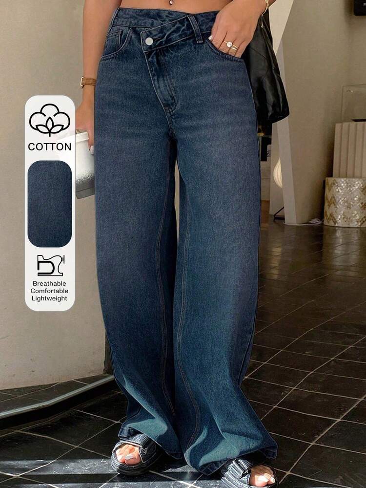Women's Tall Oblique Placket Loose Casual Straight Leg Jeans, Streetwear Relaxed Pants