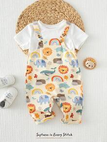 Cozy Pixies Baby Boy Floral Graphic Bib Jumpsuit Casual Versatile Set - Multicolor - View 3