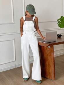 DAZY Quần yếm nữ có đai thắt eo, quần yếm denim rộng rãi thoải mái và áo liền quần. - trắng - Xem 4