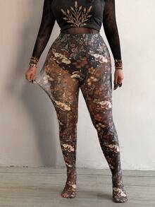 Whyspr 网纱透视印花优雅复古朋克哥特颓废风休闲酷炫紧身裤，适合大码女性 - 彩色 - 查看 3