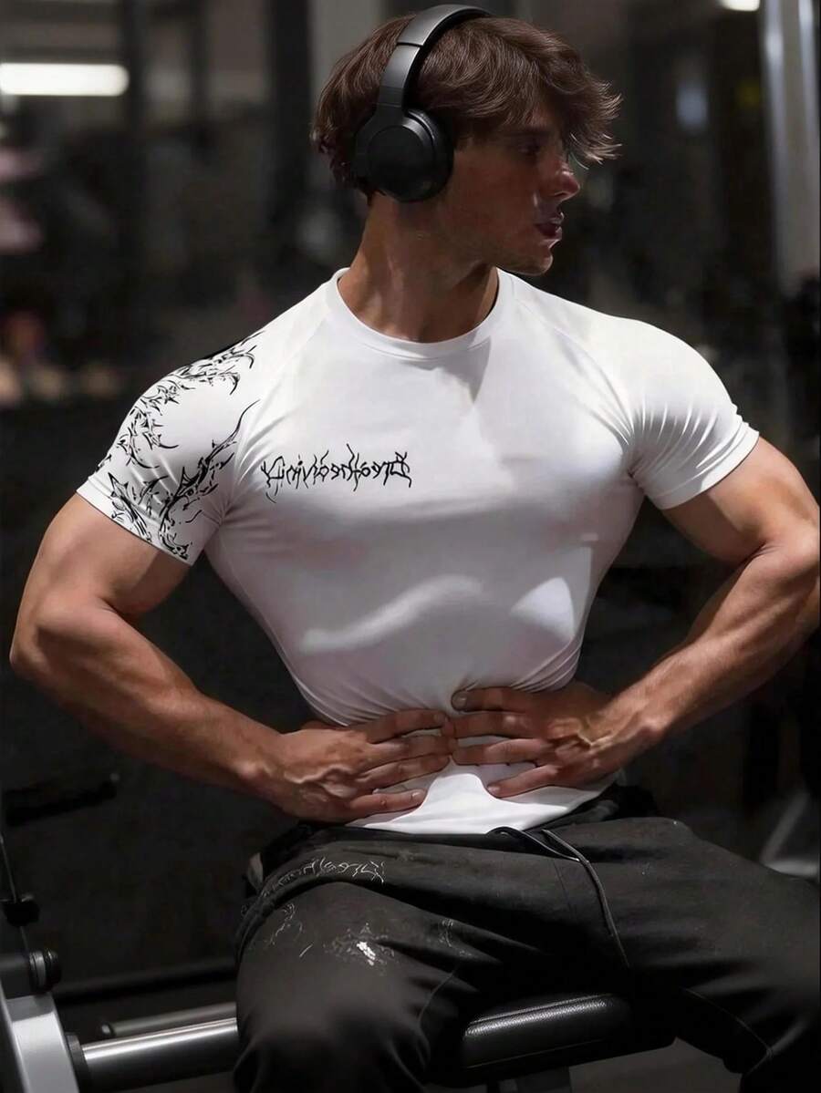GymBeat قميص رياضي يومي متعدد الاستخدامات للرجال بياقة مستديرة وطباعة صليب - أبيض - مشاهدة 1