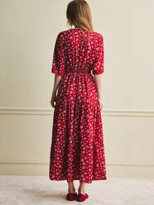 Écloséra 女士夏季通勤迷你碎花腰部花瓣袖连衣裙 - 紅色 - 查看 6